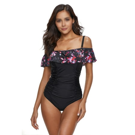Pleated Solid Color One Piece Swimsuit Ruffled Printed Strap Belly Wrapped Sexy Swimwear Large