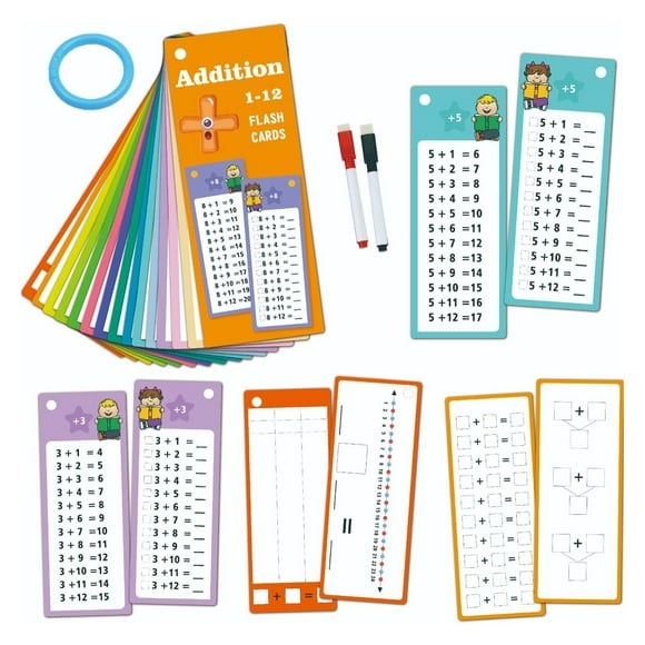 1-12 Addition Flashcard with 2 Dry-Erase Pens Reusable Kids Educational Math Learning Double-sided Question Card Children Self Check Kindergarten Teacher Teaching Aid