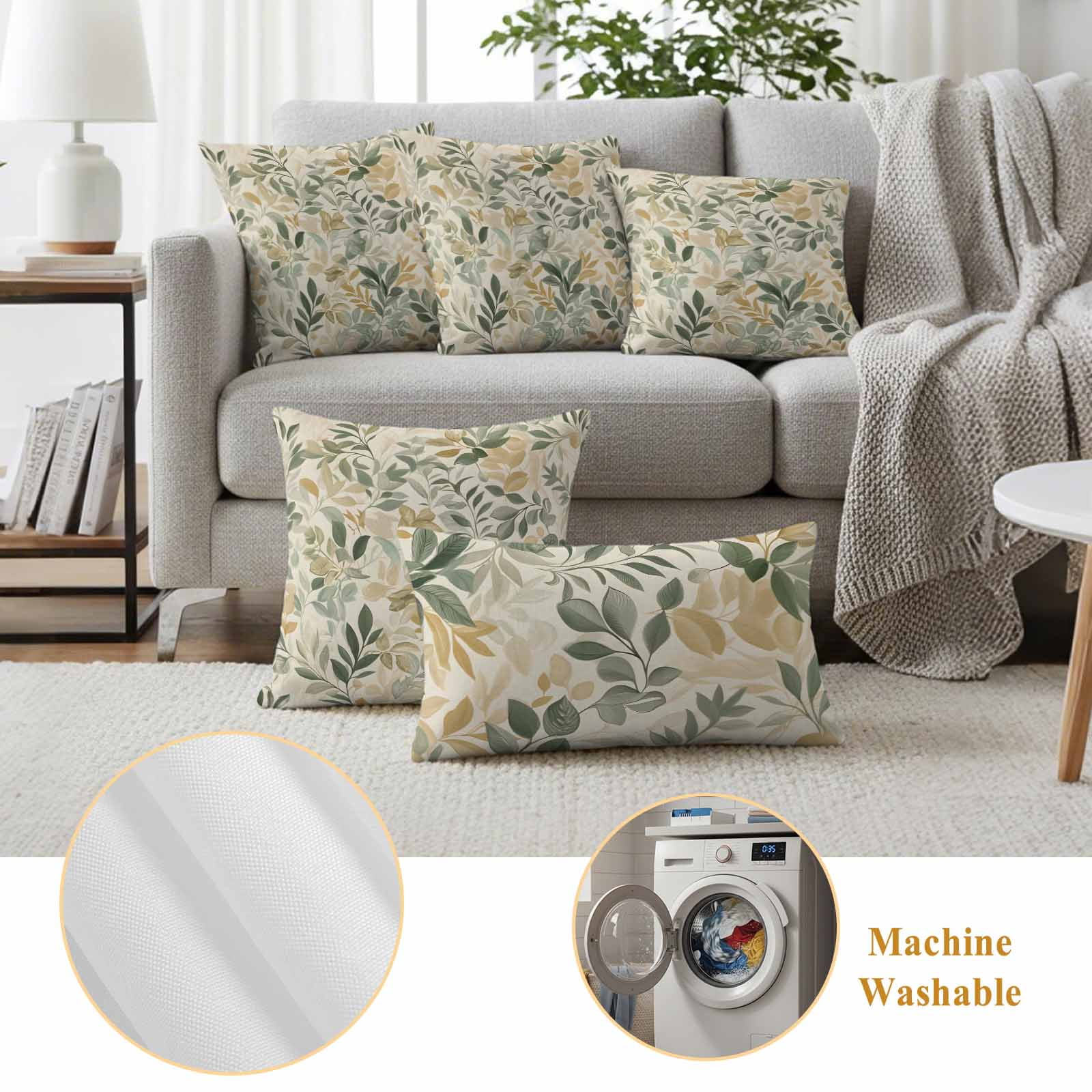 Vintage Leaves Outdoor Pillow Covers 24"x24" Set of 2, Rattail Leaves Plants Watercolor Texture Waterproof Throw Pillow Covers for Patio Furniture, Decorative Cushion Covers for Porch