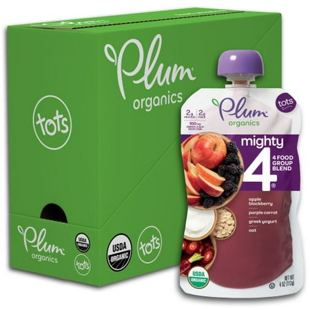 Plum Organics Mighty 4, Organic Toddler Food, Apple, Blackberry, Purple Carrot, Greek Yogurt & Oat, 4oz Pouch (Pack of