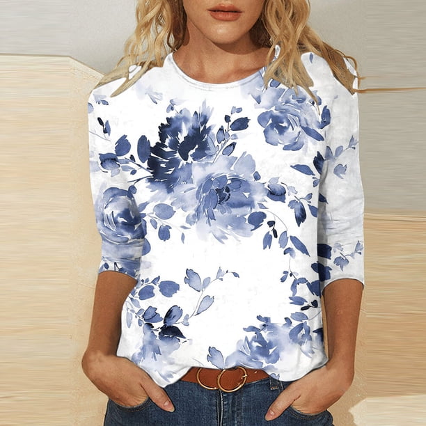 ICHUANYI Clearance Women's Fashion Printed Loose T-shirt 3/4 Sleeves Blouse Round Neck Casual Tops(White, L) ICHUANYI WER2023080910154