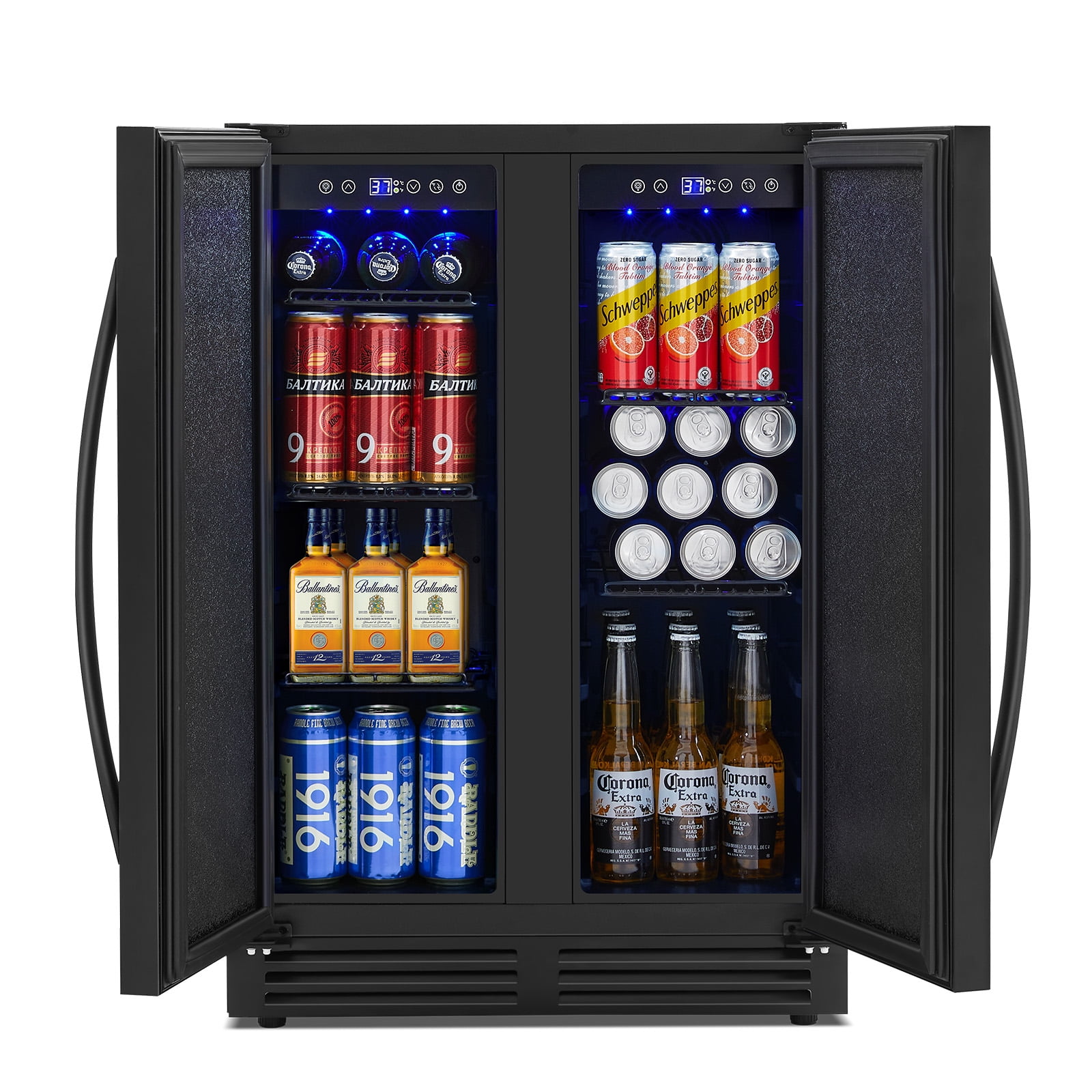 TITTLA Beverage Refrigerator,24 Inch Wide,Dual Zone 120 Cans Built in Wine Fridge Cooler,Double Stainless Steel Doors,Black