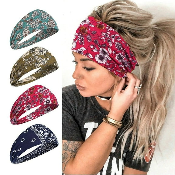 4-Pack Wide Yoga Headbands for Women, Stretchy Non-Slip Boho Hair Bands, Soft Sweat Wraps for Workout, Tennis, Running, Beach & Daily Use