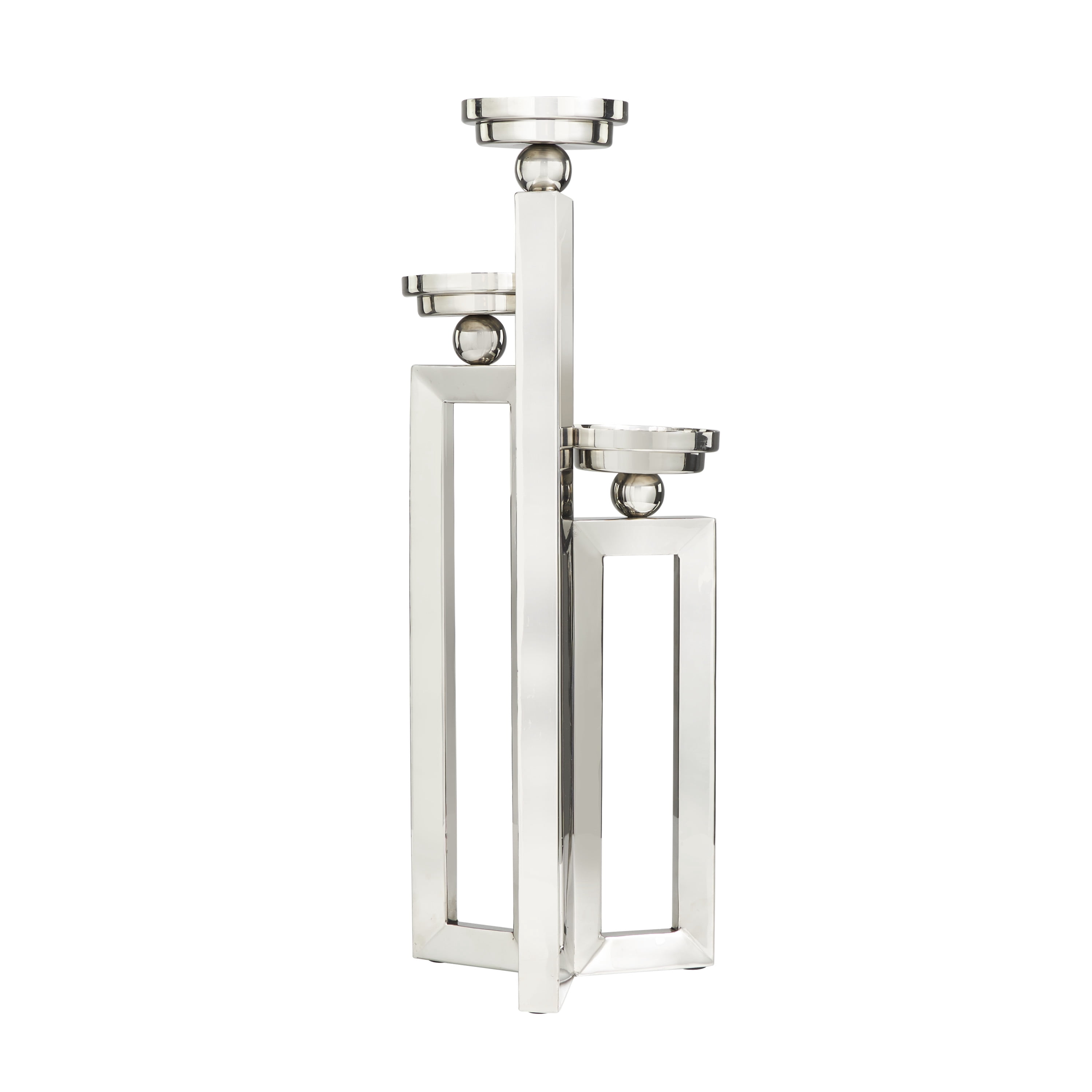 DecMode 3 Holder Silver Stainless Steel Geometric Open Frame Candelabra with Various Rectangles