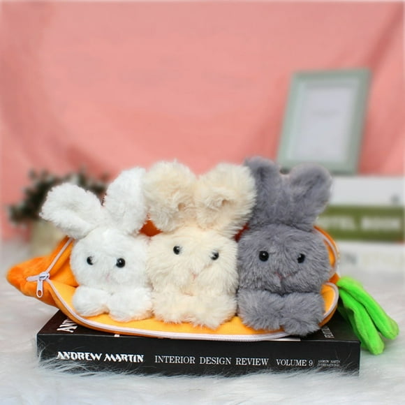 MesaSe Easter 3 Bunnies in Carrot Purse - Happy Easter Bunny Rabbit Decor - Plush Stuffed Animal Surprise Zip Up Carrot Hideaway - Spring Gift for Kid Birthday Mother‘s Day