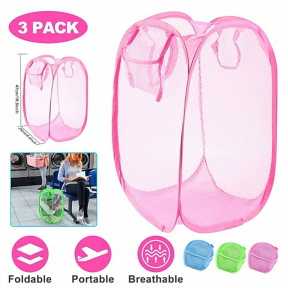 NewHome 3Pcs Pop-Up Laundry Hampers Foldable Mesh Hamper Clothes Laundry Basket Bins w/ Handles for Storage Kids Room College Dorm Travel Use