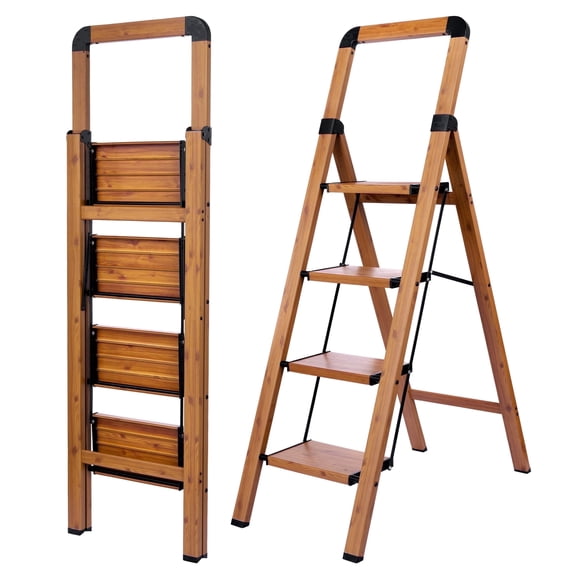 Calmwrd Step Ladder Folding 4-Step Woodgrain Finish Aluminum Foldable Step Ladders,Anti-Slip for Home & Kitchen Office 330 lbs