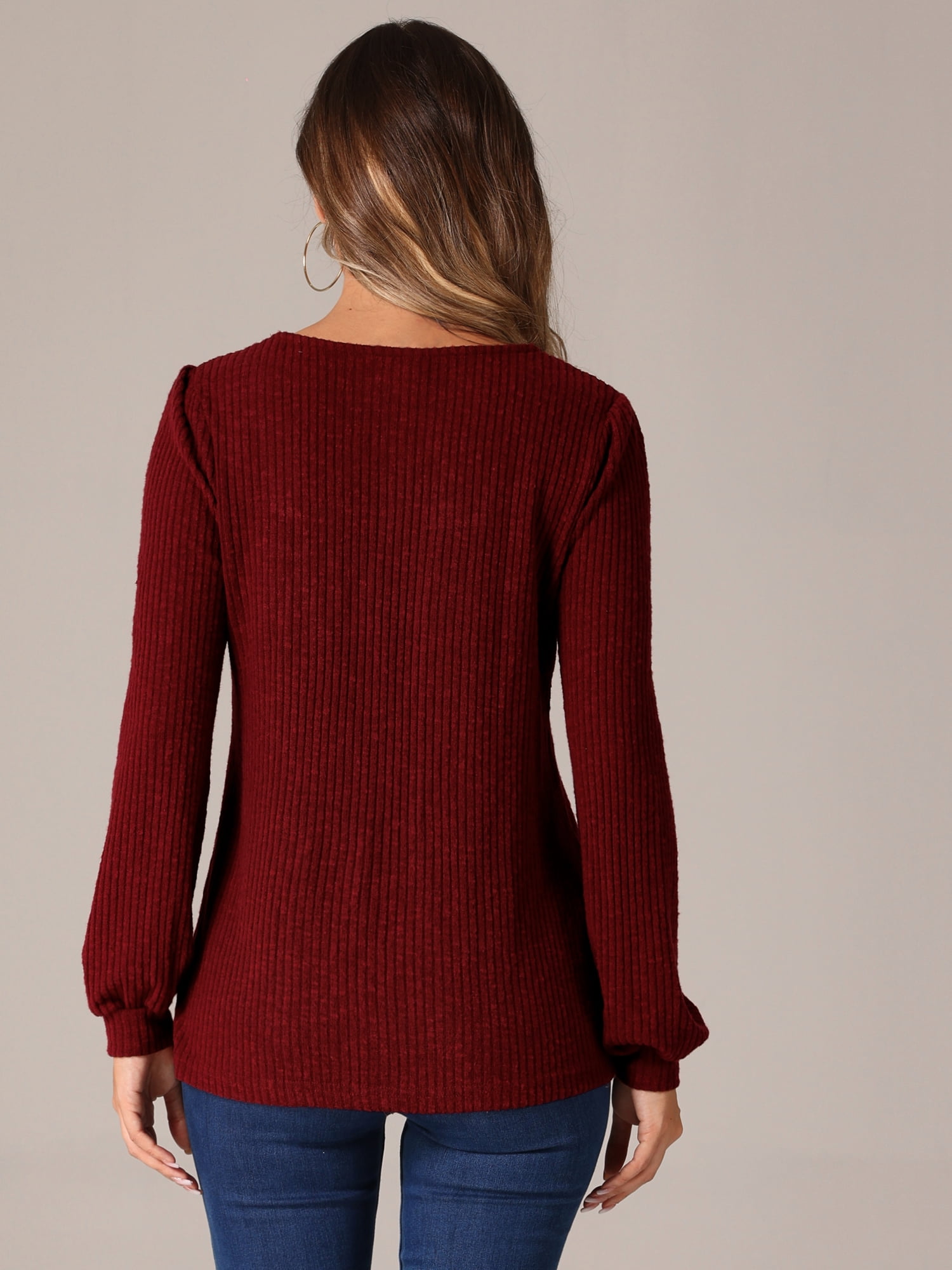 DARING DIVA Women's Vintage Sweater Puff Long Sleeve Ribbed Knit Top S Burgundy