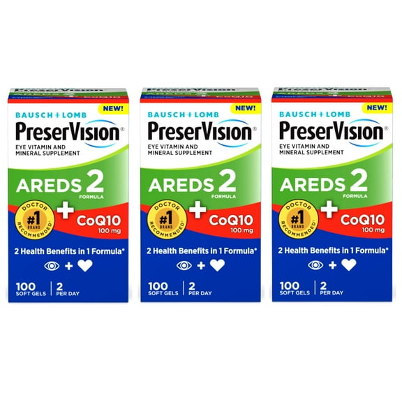 3 Pack - PreserVision AREDS 2 Eye Vitamins with CoQ10 for Heart Health, Lutein, Zeaxanthin, Vitamin C & E, Zinc, Copper, 100 Softgels