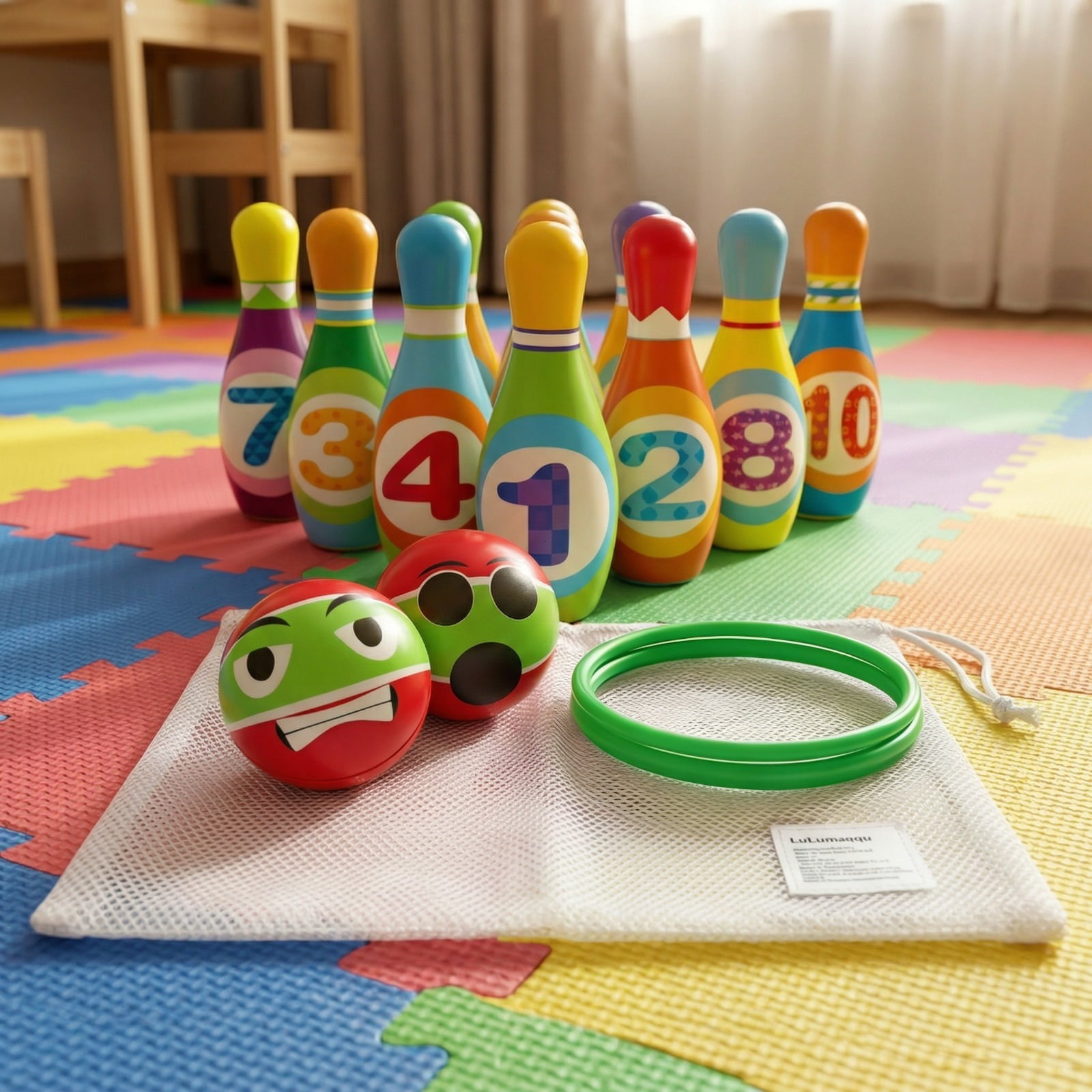 Children Soft PU Bowling Toy Set, 10 Pins 2 Balls 4 Toss Rings with Storage Bag, Educational Number Learning Family Interactive Game for Boys Girls Birthday Gift
