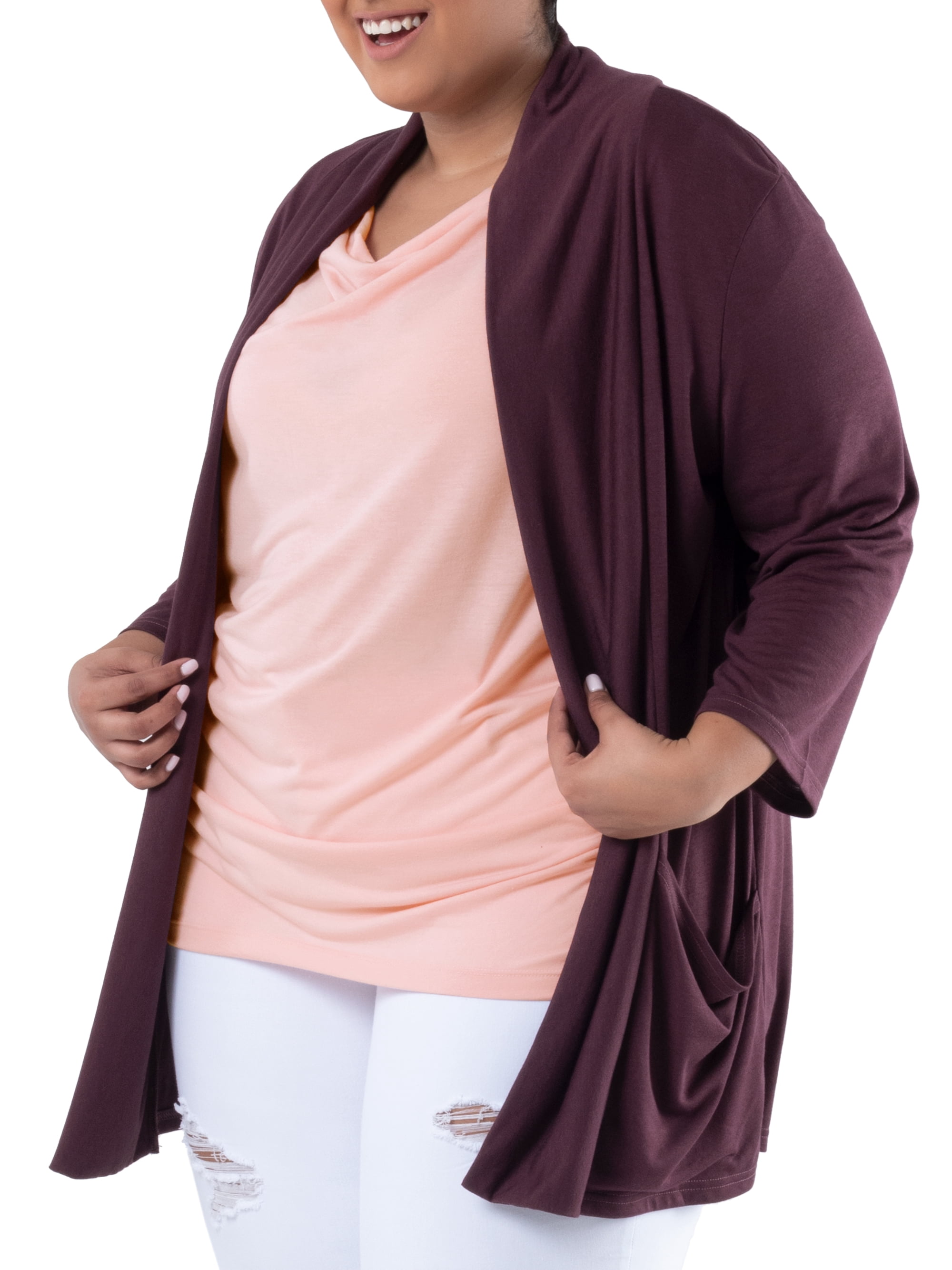 Wright's Women's Plus Size 3/4" Sleeve Draped Open Front Jersey Pocket Cardigan, 1X-5X