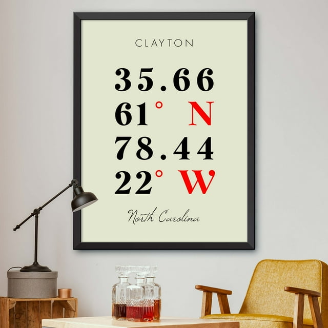 Map of Clayton, North Carolina, Multiline Coordinates Colored (8x10