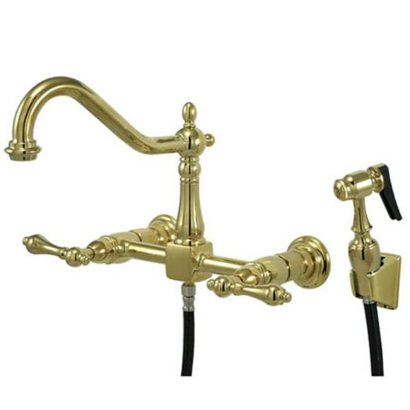 Wall Mount Kitchen Faucet With Brass Sprayer - Polished Brass Finish