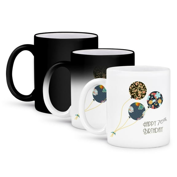 3dRose, Happy 70th Birthday - Modern stylish floral Balloons. Elegant black brown blue 70 year old Bday, 11oz Magic Transforming Mug