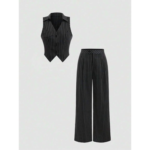 Women's Lapel Sleeveless Vest & High Waist Wide Leg Pants Casual 2 Piece Outfit Set