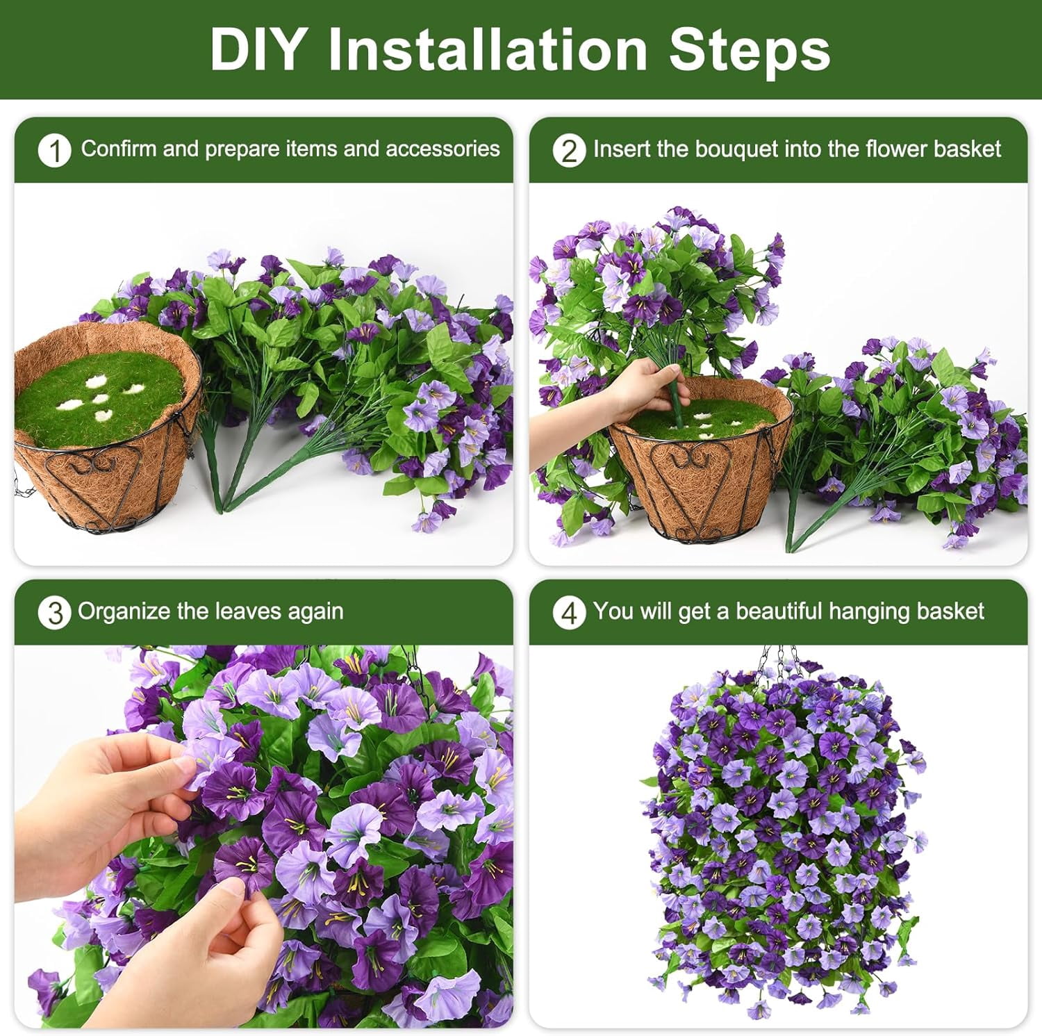 Artificial Fake Hanging Flowers Plants Baskets for Outdoor Spring Summer Decorations,Faux Morning Glory Silk Flower for Outside UV Resistant Patio Yard Home Porch Decor