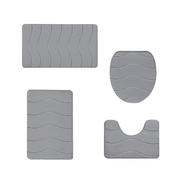 Premium Non-Slip Foam Bath Mat Set 4 Pcs | Super Absorbent Velvet Bathroom Rugs • Soft Comfortable • Machine Washable • Quick Dry • Gray 16x24, 16x20, 15x17 Inches