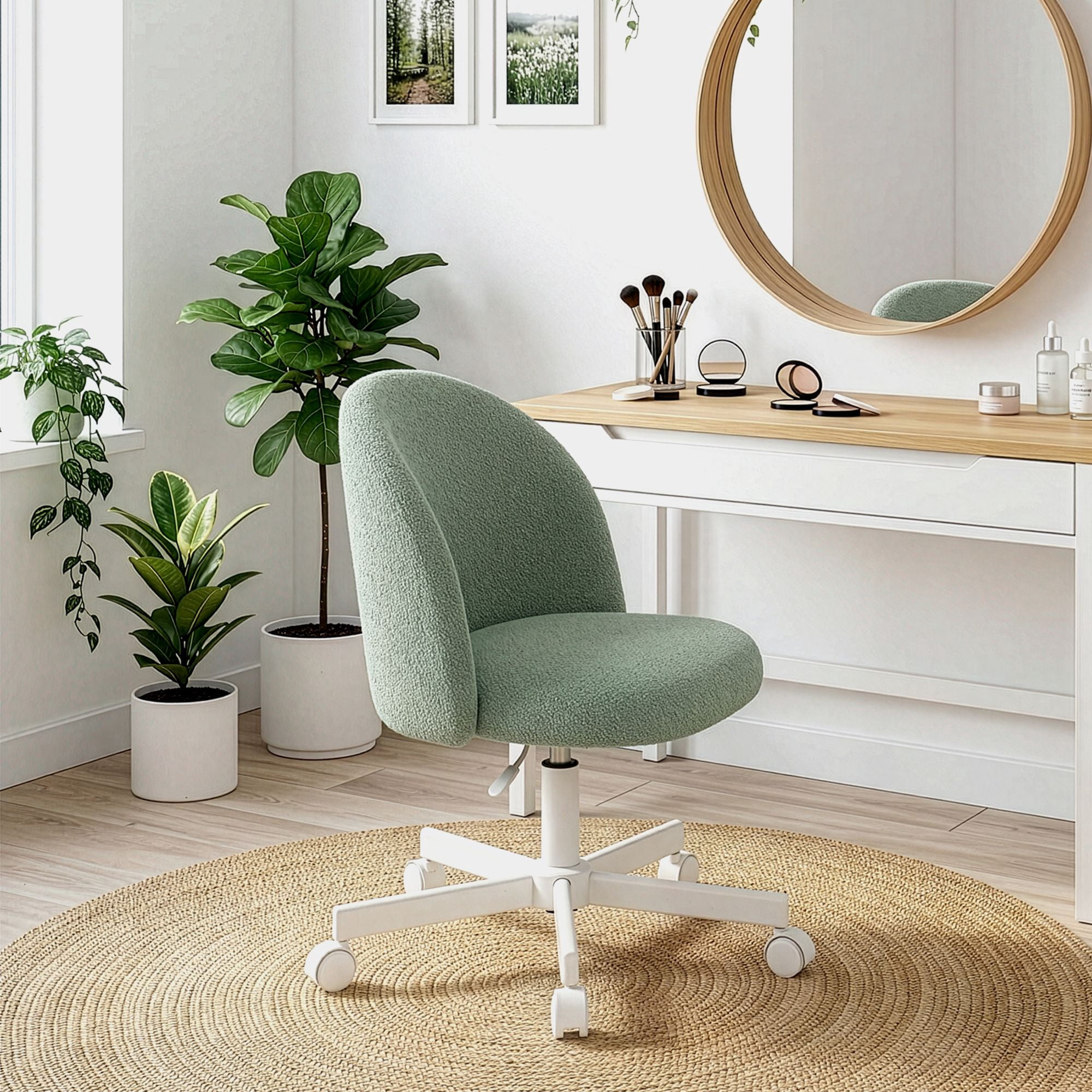 CELTOSS Home Office Desk Chair, Cute Teddy Fabric Swivel Vanity Stool, Mid Back Adjustable Armless Task Chair with Wheels, Green