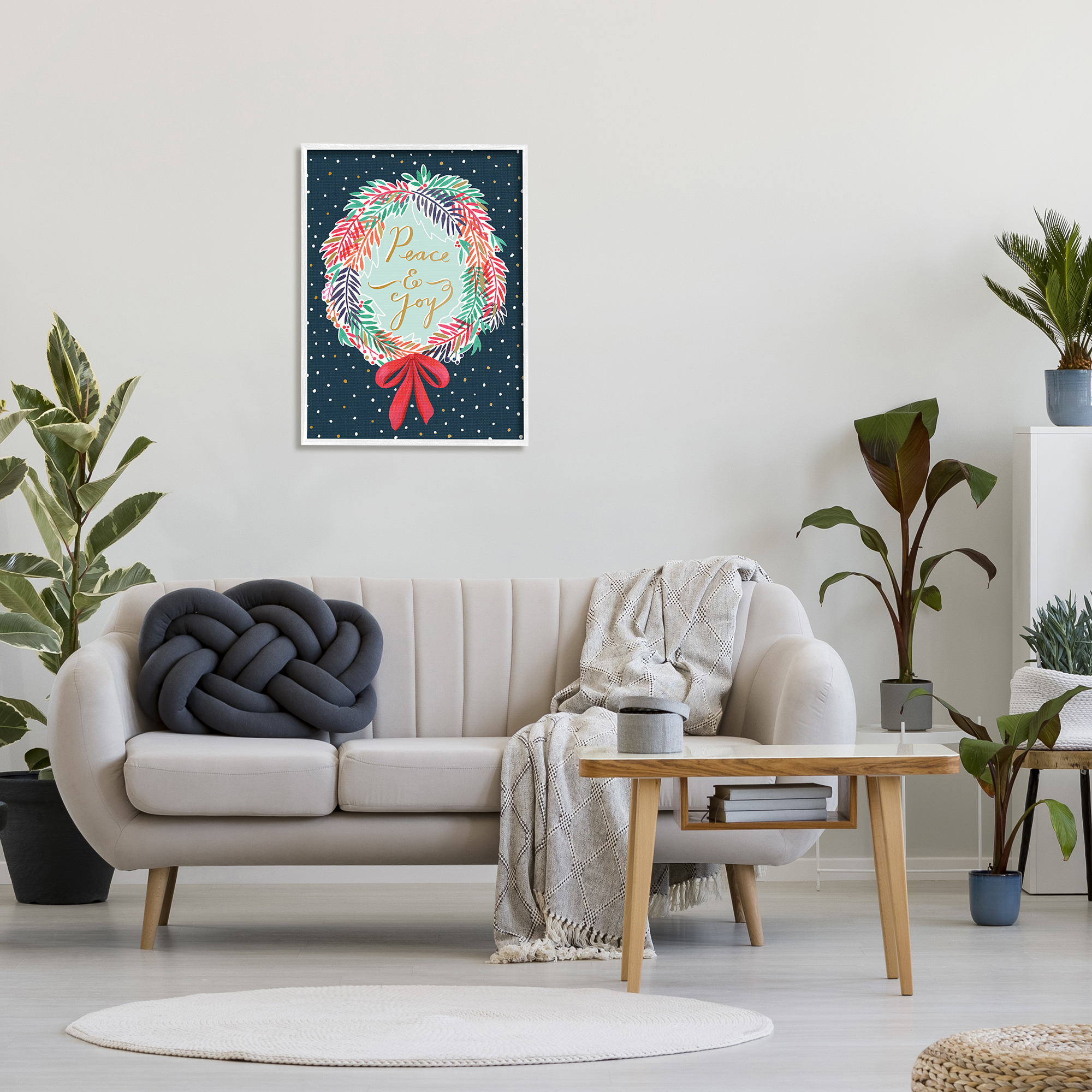 Stupell Industries Peace & Joy Festive Holiday Wreath Polka Dot Pattern Inspirational Painting White Framed Art Print Wall Art, 24 x 30