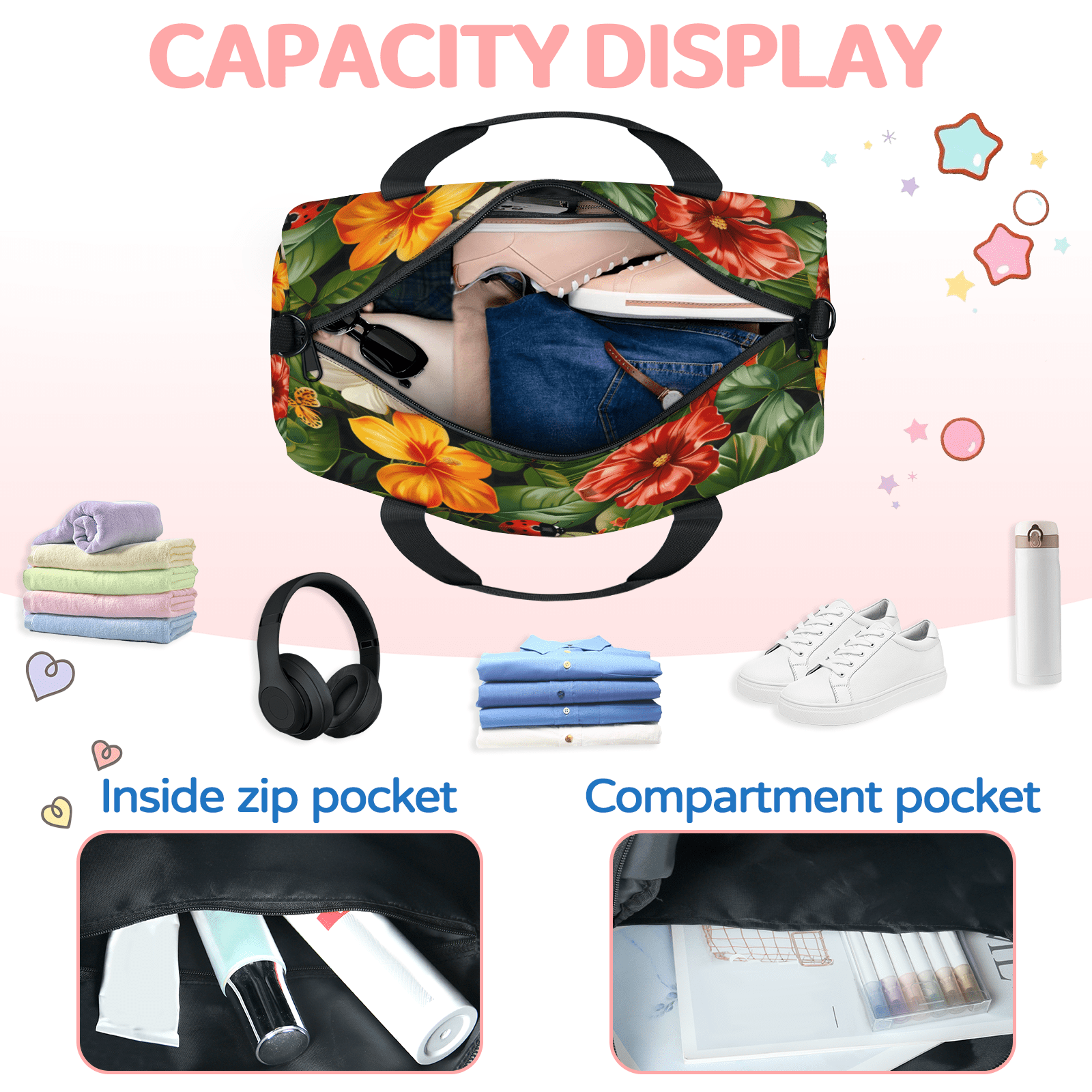 Herdesigns Ladybugs Tropical Floral Leaf Gym Bag for Women, Duffle Bag for Travel Sport, Lightweight Waterproof Carry on Weekender Overnight Dance Yoga Workout Bags