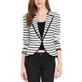 thumbnail image 1 of INSPIRE CHIC Women's Notched Lapel Button Decor Thin Striped Blazer S Black White, 1 of 8