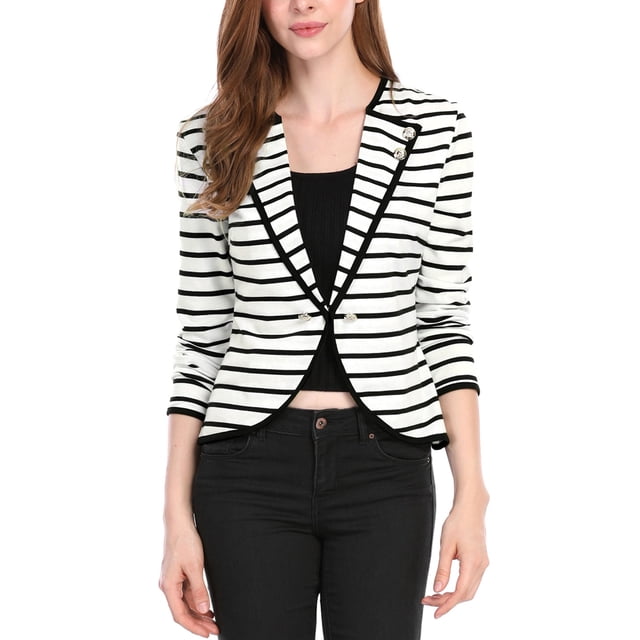 INSPIRE CHIC Women's Notched Lapel Button Decor Thin Striped Blazer S Black White