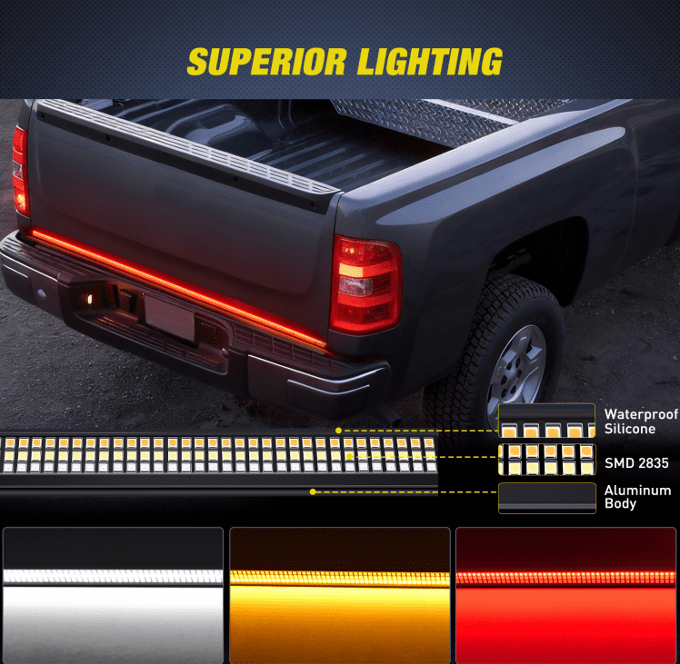 Nilight Truck Tailgate Light Strip 60" Aluminum FrameTriple Row Light Bar 1200 LED w/ Red Running Brake White Reverse Light Red Sequential Turn Signal