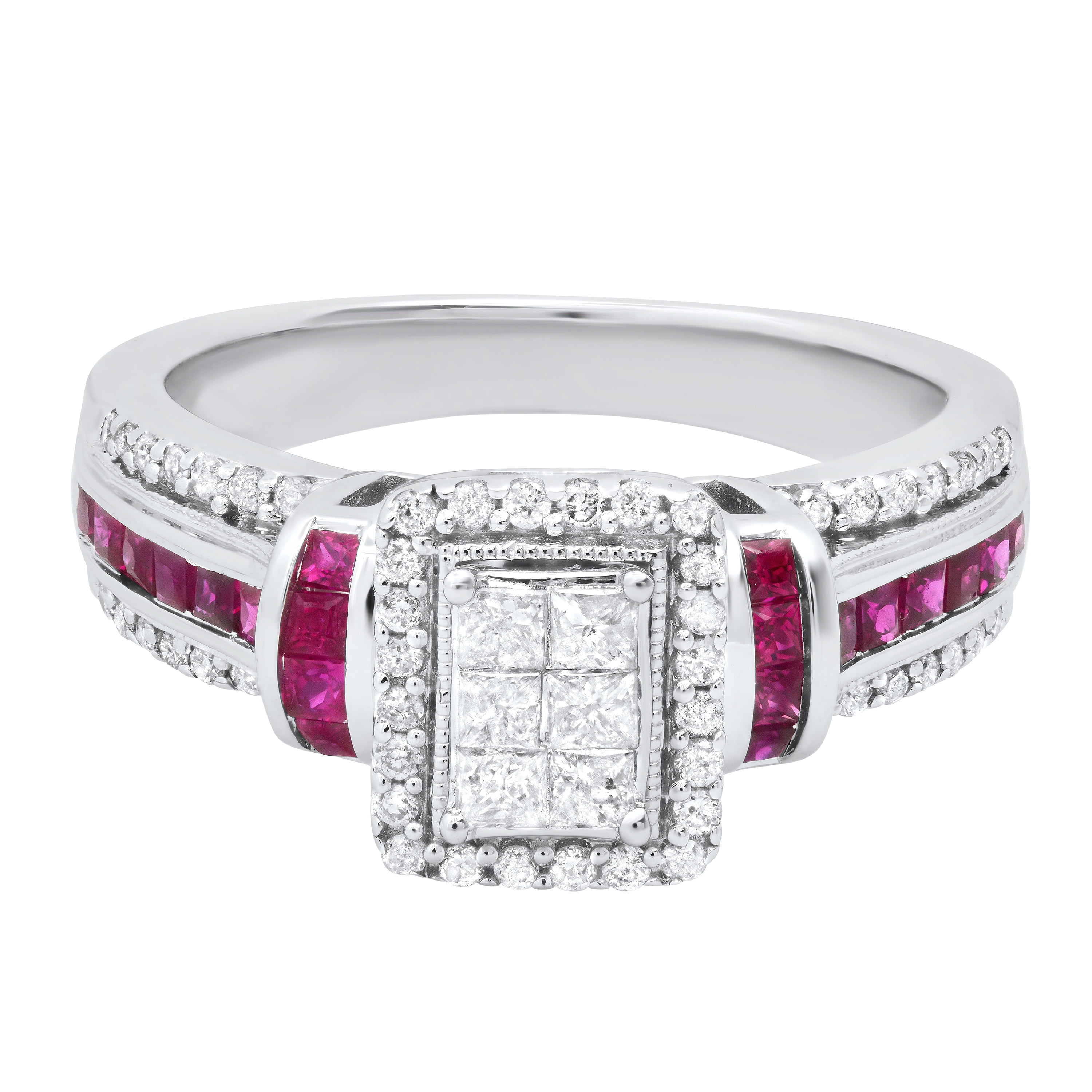 Dazzlingrock Collection Princess Ruby with Round & Princess White Diamond Engagement Ring for Women (0.50 ctw, Color I-J, Clarity I2-I3) in 925 Sterling Silver, Size 7.5