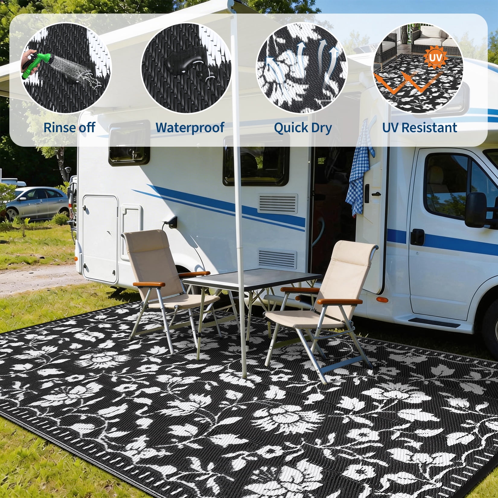 Garvee 6'x9' Outdoor Rug Waterproof Floral Camping Carpet, Reversible Plastic Straw Rug Outdoor Rug for Patio RV Balcony Backyard, Black