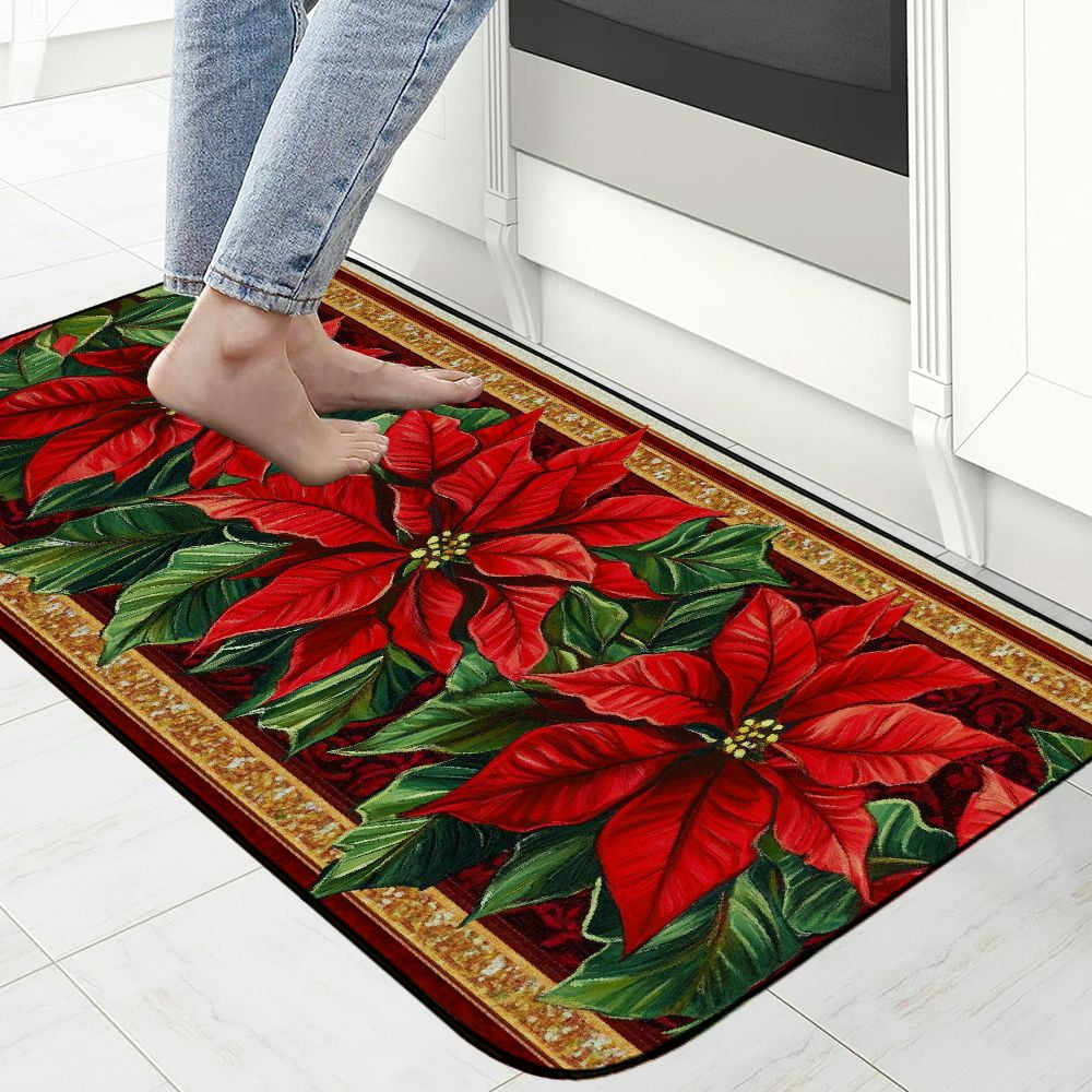 Qinduosi Christmas Red Poinsettia Flower Kitchen and Door Mat, Winter Holiday Xmas Washable Non-Slip Floor Mat for Decor