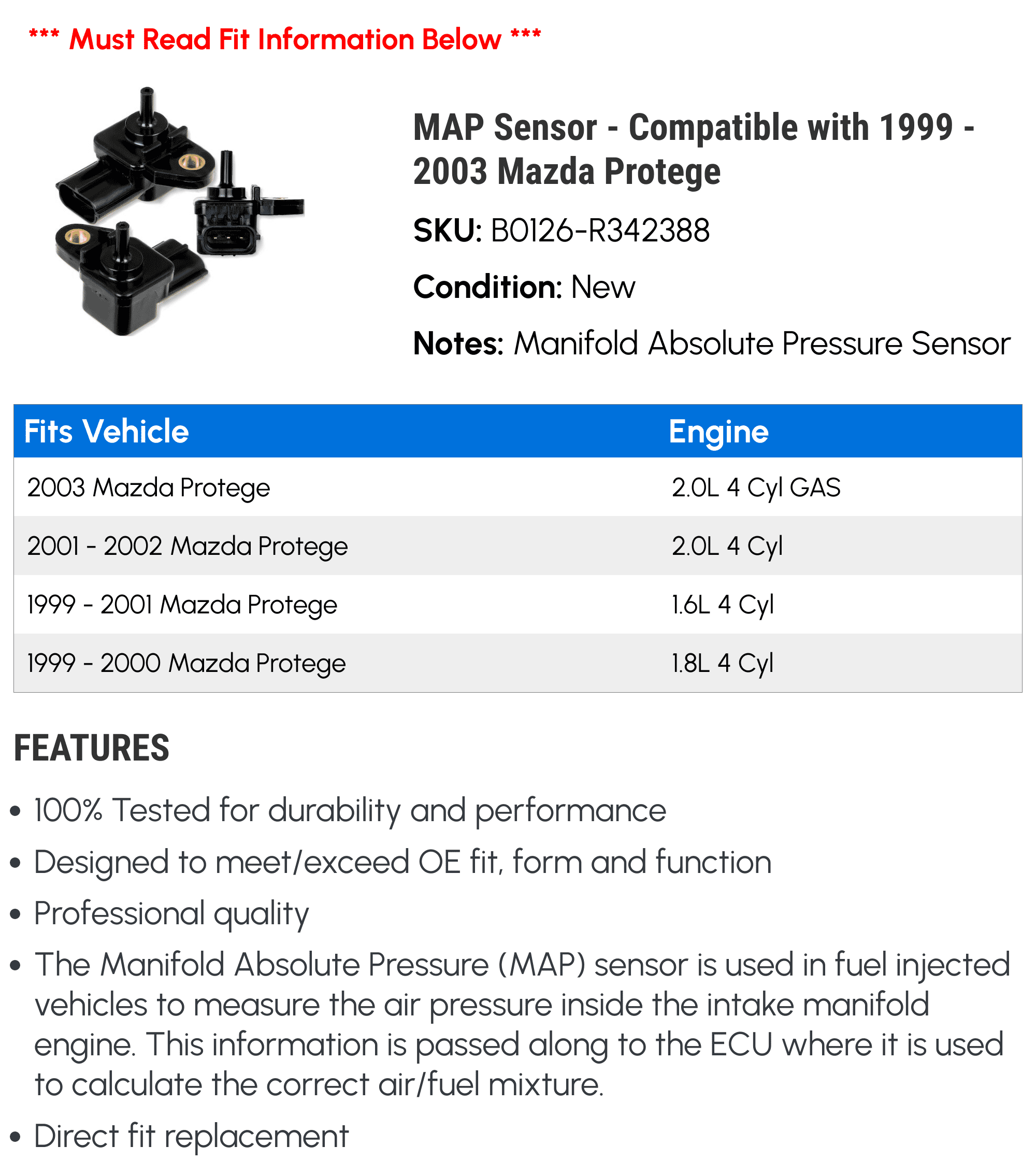 MAP Sensor - Compatible with 1999 - 2003 Mazda Protege 2000 2001 2002