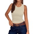 thumbnail image 5 of Women's Sleeveless Ribbed Knit Tank Top Round Neck Slim Fit Casual Basic Summer Camisole Blouse 01-Beige L, 5 of 5