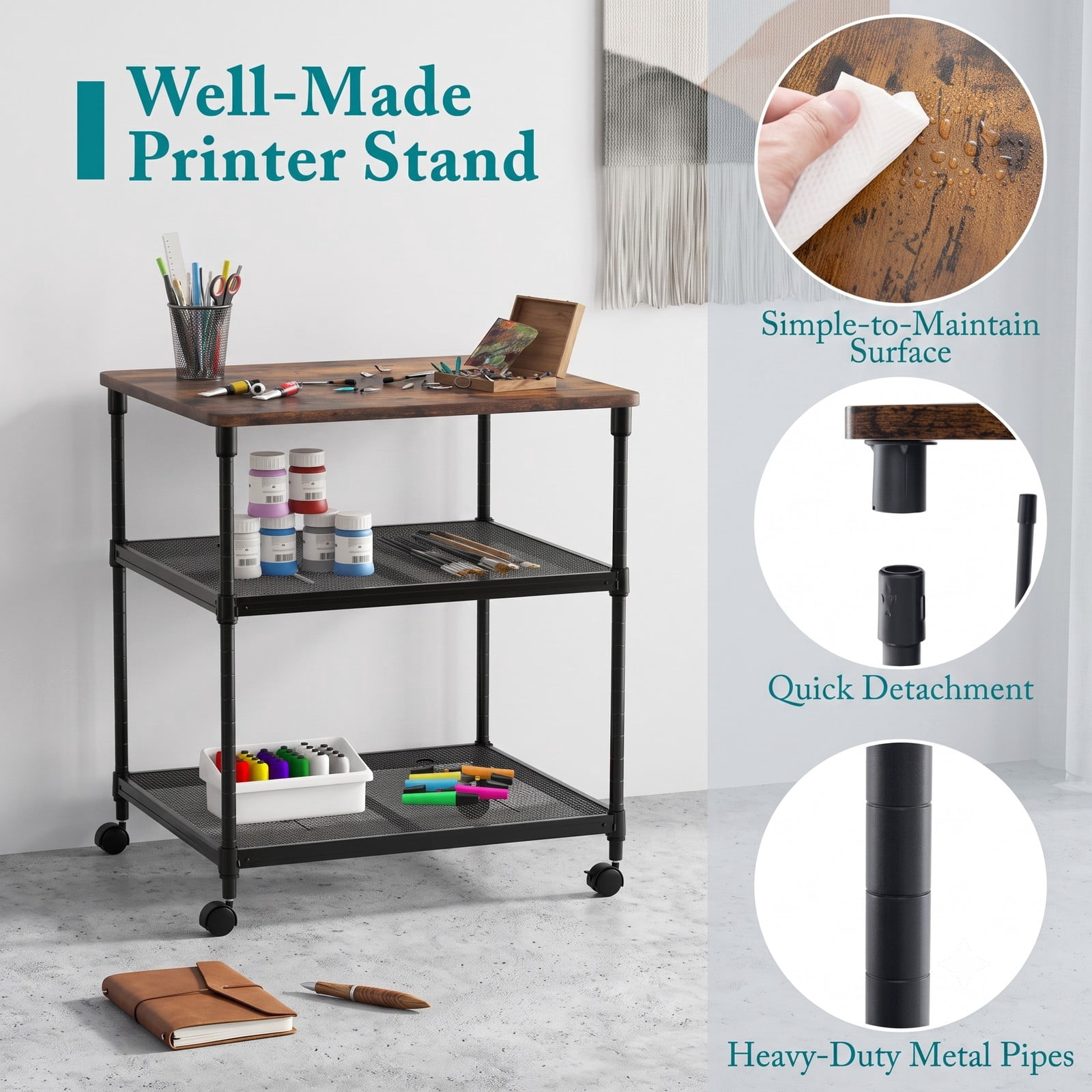 Furnibear 3 Tier Rolling Printer Stand Fax Cart with Adjustable Shelf, Swivel Locking Wheels, Wood Iron Mobile Storage Organizer for Home Office - Coffee