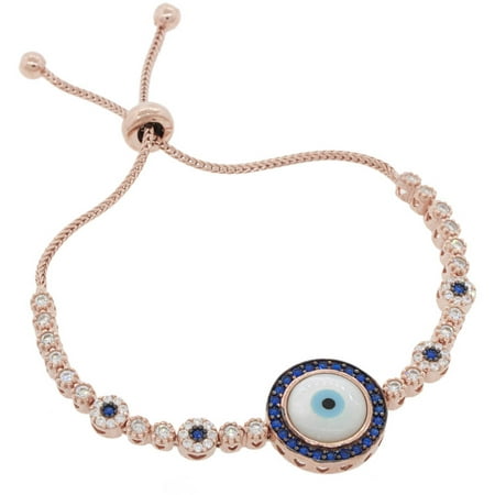 Pori Jewelers Blue CZ 18kt Rose Gold-Plated Sterling Silver Eye Circle Friendship Bolo Adjustable Bracelet
