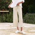 thumbnail image 2 of Capri Linen Pants for Women, Audhol Womens Daily Elastic Waist Pockets Straight Solid Color Casual Pants Loose 3/4 Long Trousers Ladies Linen Pants Beige M, 2 of 7