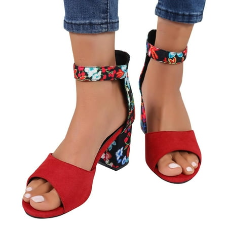 Miluxas Heels Sandals Clearance Women s Open Toe Ankle Strap Low Block Chunky Heels Sandals Party Dress Pumps Shoes Red 7.5(40)