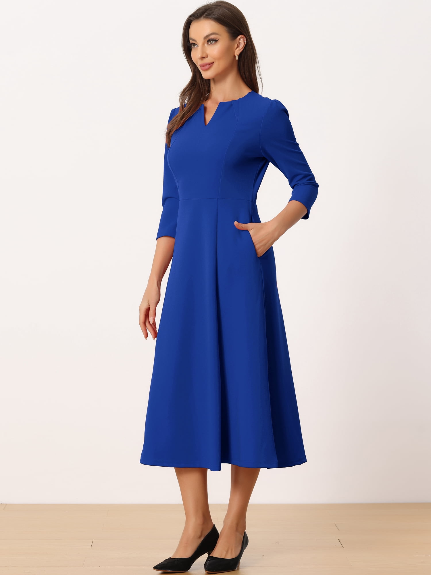 DARING DIVA Work Office Elegant 3/4 Sleeve V Neck A-Line Dress XS Royal Blue