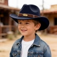 thumbnail image 2 of Povozer Boys Girls Fashion Childrens Western Cowboy Hat Parent Child Feather Top Hat Tibetan Hat With Upturned Brim Literary Sun Hat Size 3-8 Years,Navy, 2 of 5