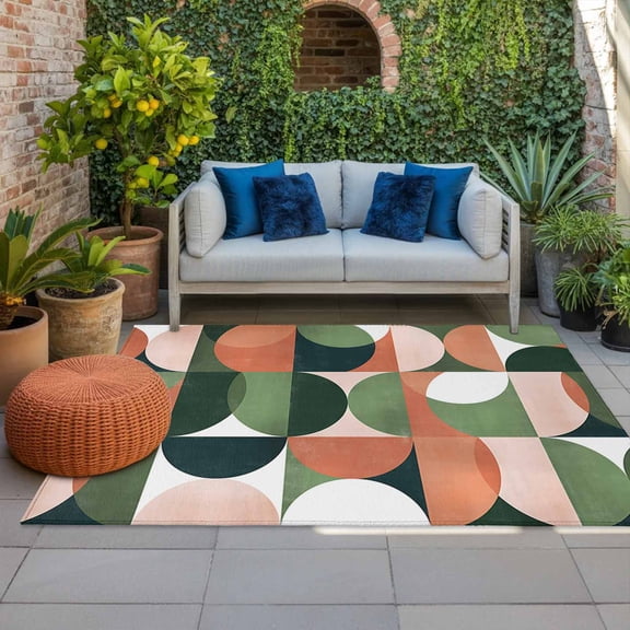 Outdoor Rug 3x5ft Mid Century Geometric Large Area Rug Abstract Modern Green Orange Indoor Outdoor Carpet Outdoor Rugs Mats for Patio Camping,RV,Front Door, Outside Decor
