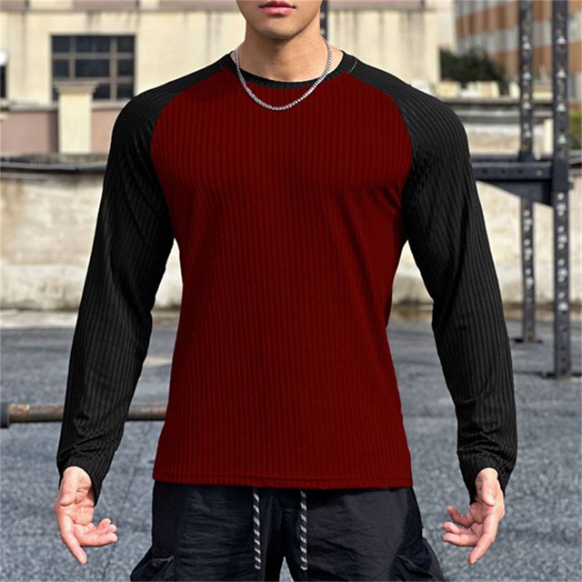 Camiseta de Fitness de manga larga para hombre, camisa de color de empalme, camisetas de culturismo para hombre, camisetas para correr, ropa de entrenamiento de secado rápido