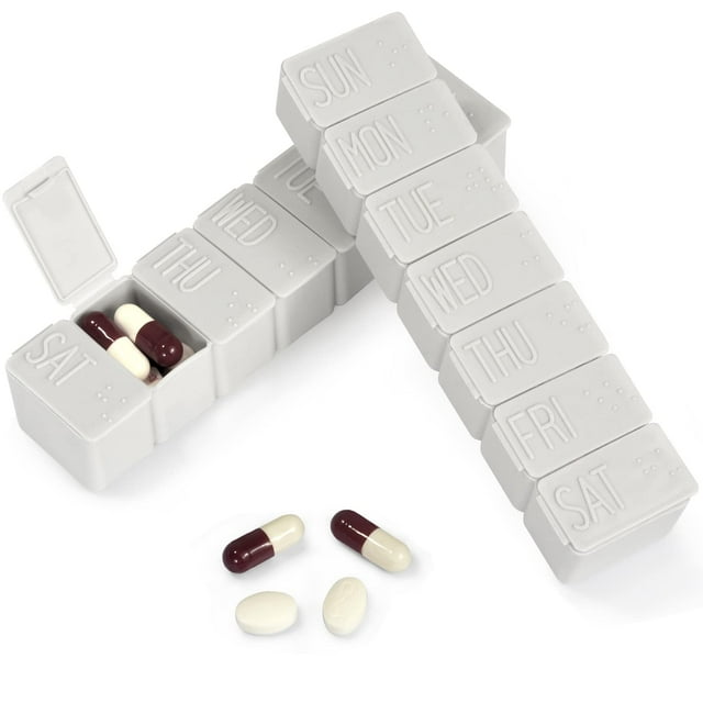 2 pastillas organizadoras para viajes, 7 días con pastillero Braille, vitaminas, suplementos de aceite de pescado, dispensador organizador de medicamentos (beige)