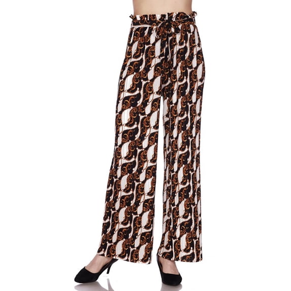 MixMatchy Women's Breathable Chiffon Fabric Loose Pleated Wide Leg Palazzo Pants with Ribbon Tie Elastic Band