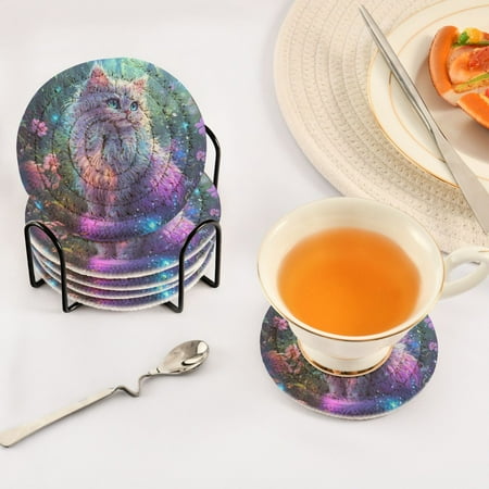 

BZSMCE 6Pcs Drink Coasters With Holder 3.94Inch White Cat with Flowers Creative Coil Coaster Coasters Colors Absorbent Coasters for Drinks Coasters Set Thicken Heat for Home Table