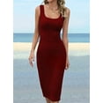 thumbnail image 6 of Womens Summer Tank Dress Casual Sleeveless Square Neck Bodycon Side Slit Midi Ribbed Sweater Dresses Wine Red XL, 6 of 9
