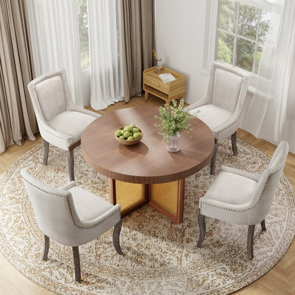 DONICK Vintage Fabric Upholstered Dining Chairs,Solid Wood Kitchen Dining Room Chairs with Nailheads Solid Wood Legs (Beige,Set of 4)