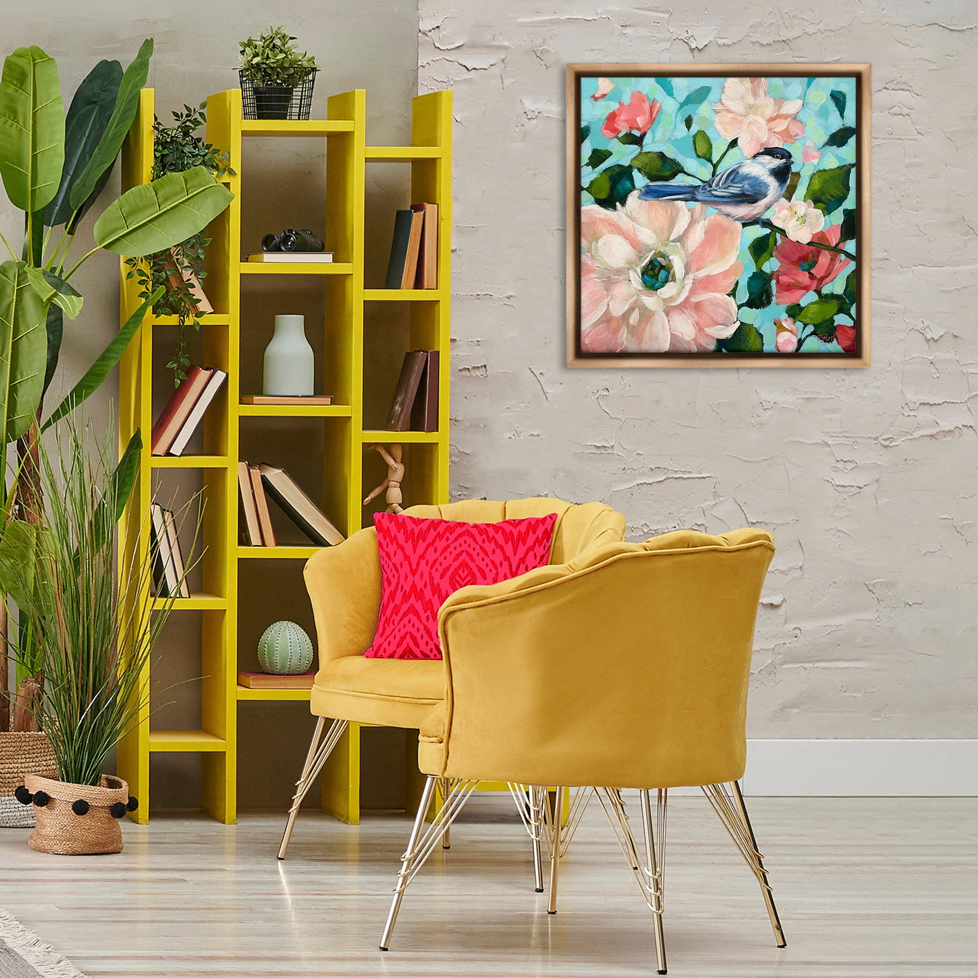 Stupell Industries Blue Bird & Bold Flowers Plants & Flowers Painting Brown Floater Framed Canvas Art Print Wall Art, 25 x 25
