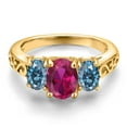 thumbnail image 3 of Gem Stone King 18K Yellow Gold Plated Silver Red Created Ruby and Persian Blue Moissanite Filigree Style 3 Stone Ring for Women (2.25 Cttw, Oval 8X6MM and 6X4MM) (Size 7), 3 of 6
