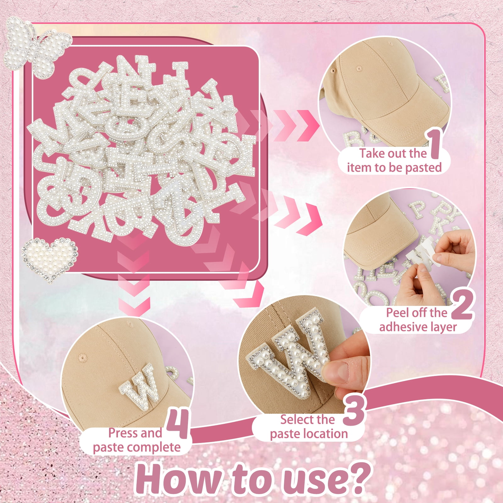 Threns 82Pcs Self Adhesive Imitation Pearl Letter Patches A-Z Number Patch 0-9 Glitter Letter Patches Imitation Rhinestone Applique for DIY Clothes Bags Shoes