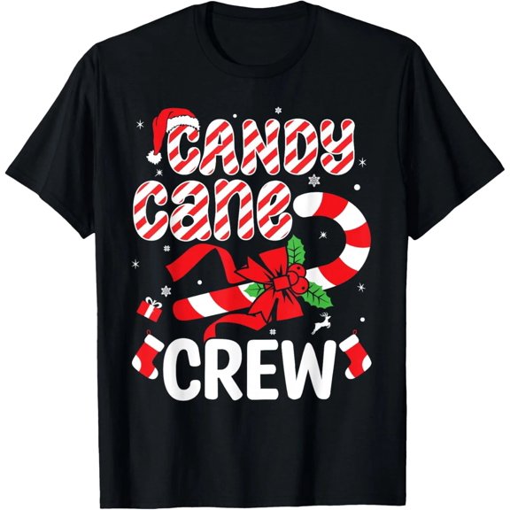 Black Crew Neck Short Sleeve T-Shirt Candy Cane Crew Christmas Family Matching Tee Xmas Candy Cane Santa Hat Snowflake Holiday Casual Graphic T-Shirt