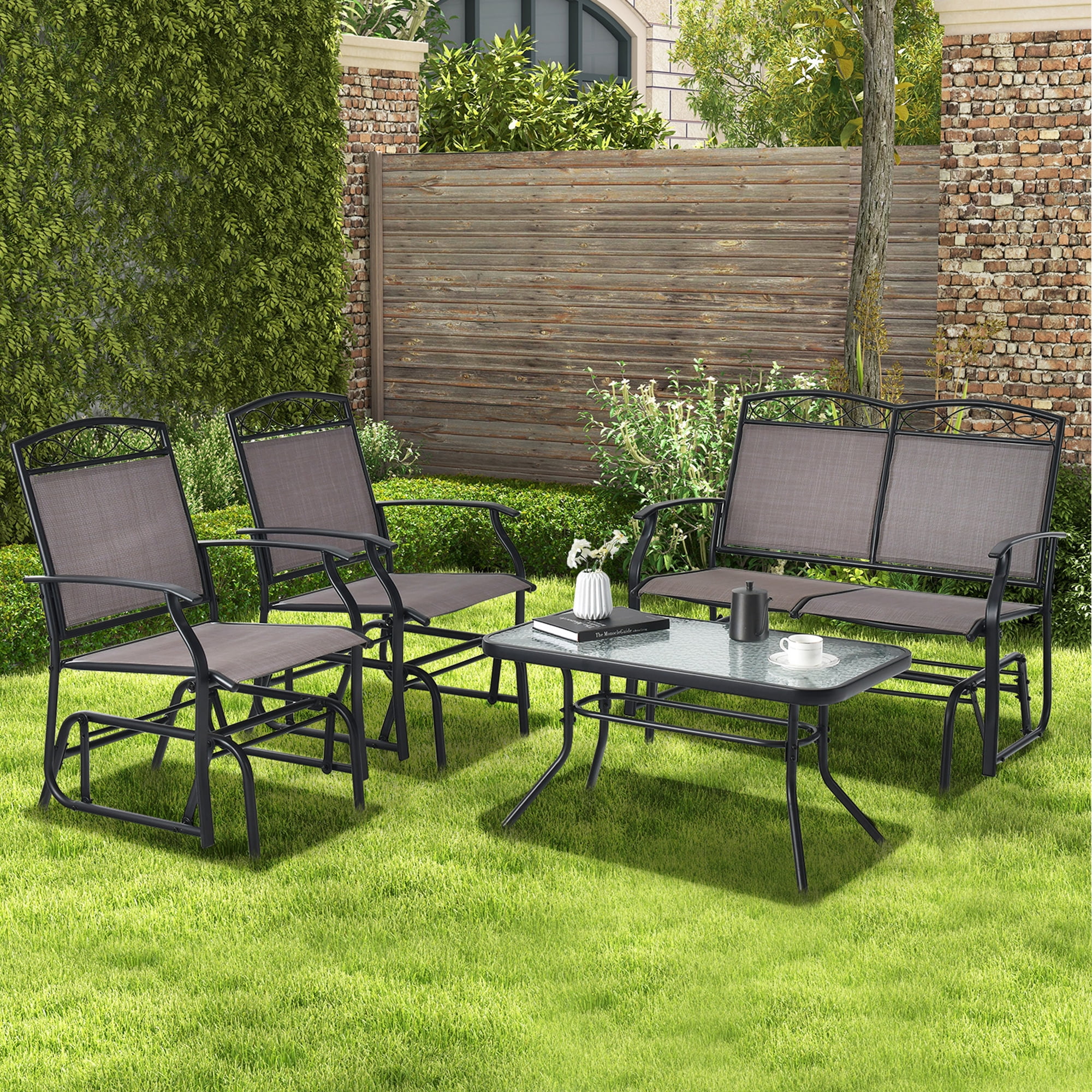 Gymax 4PCS Outdoor Glider Chair & Table Set Patio Conversation Furniture Set